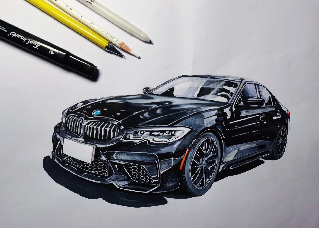马克笔初学者汽车手绘|宝马bmw 3 真的不会画系列第四张马克笔手绘
