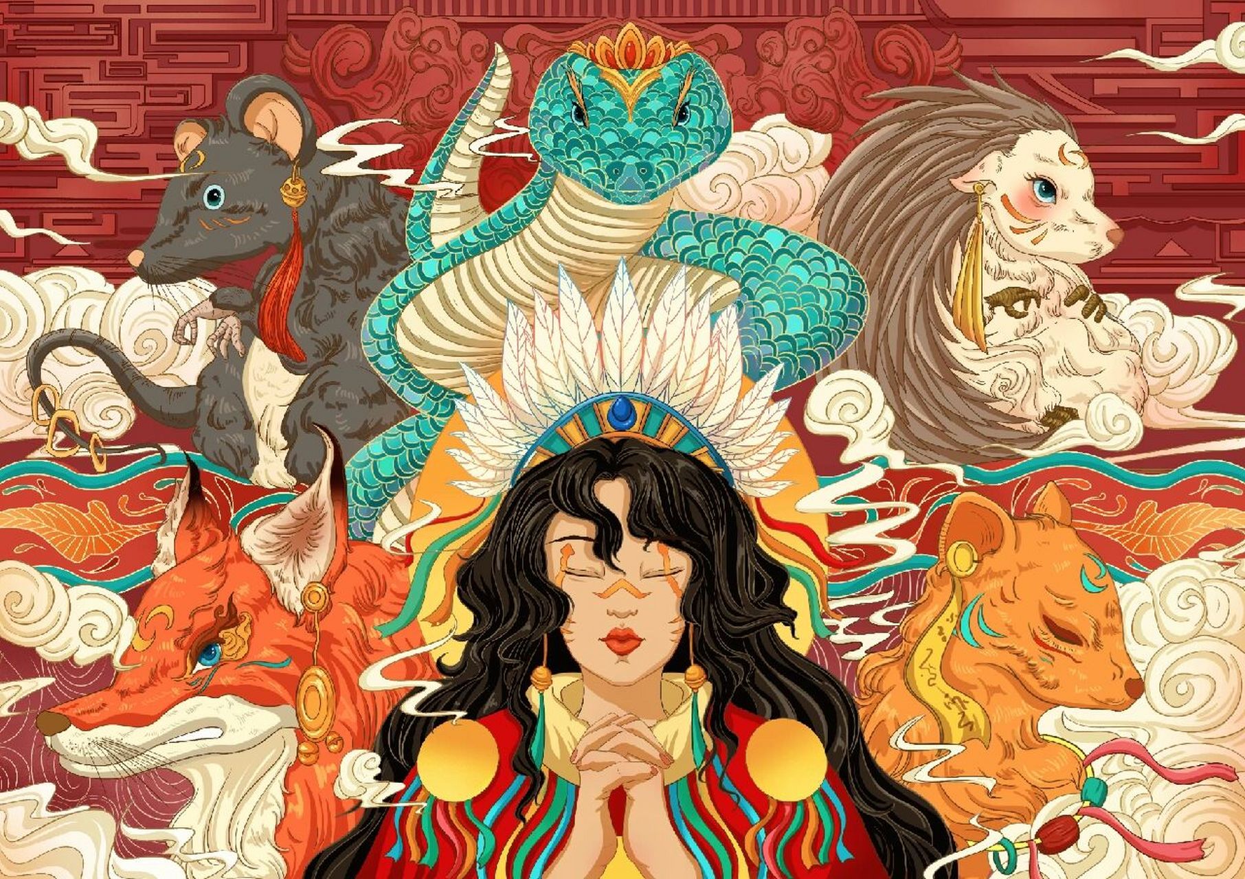 新国风插画萨满风格五位仙家毕业设计 这是前段时间为学长帮忙画的