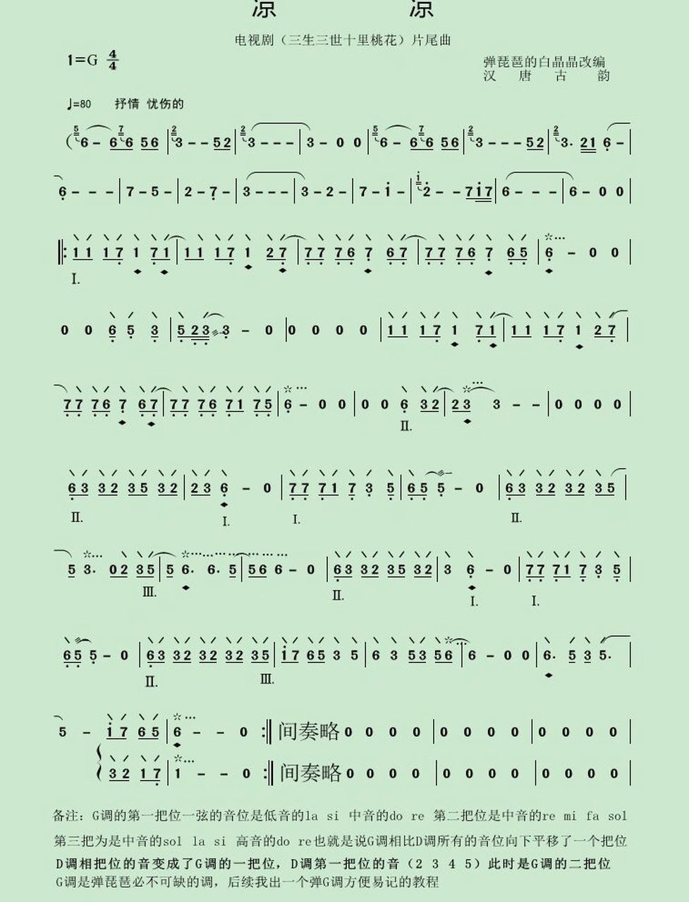 初学者容易上手又超级好听的琵琶谱《凉凉》 《凉凉》这首歌曲用琵琶