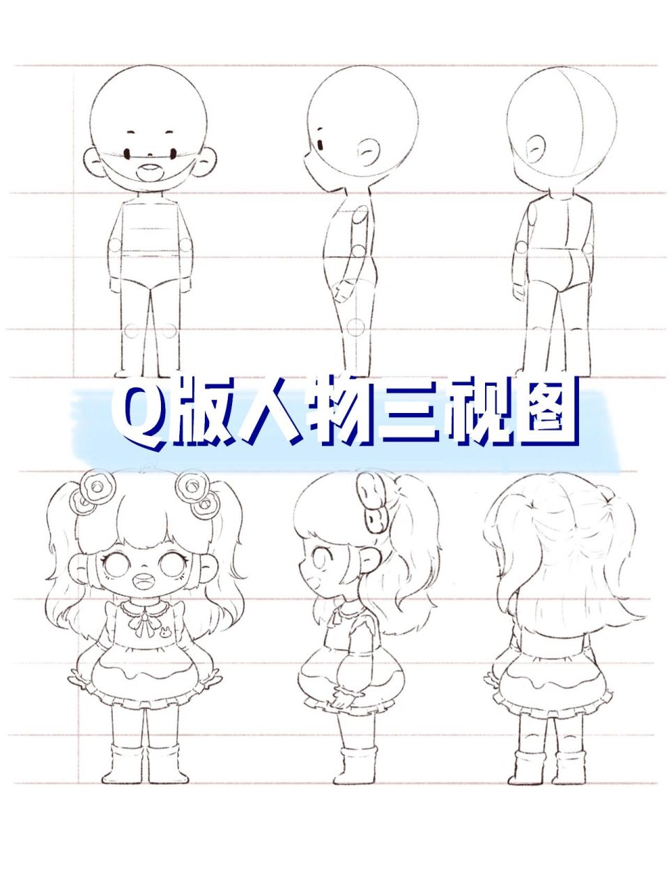 ip|绘画分享|q版人物三视图 裸娃的三视图放后面啦 (不嫌弃的可以参考