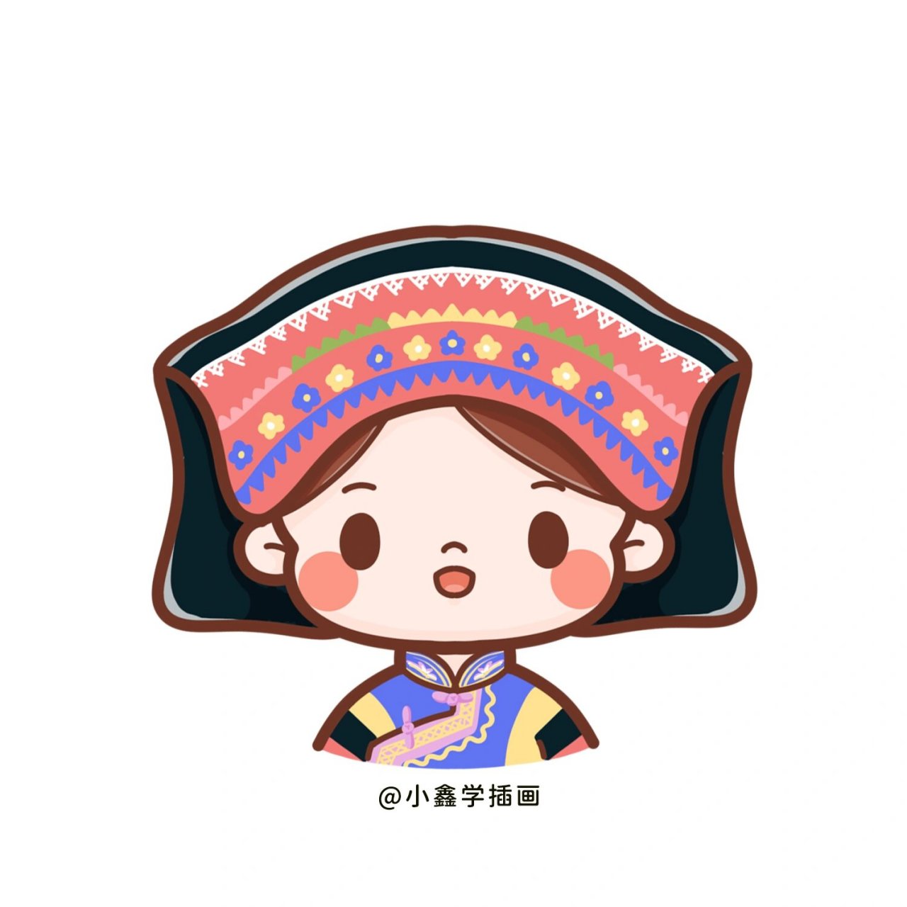 简笔插画|q版土族人物 土族服饰 土族男子 常头戴檐上锦缎的白毡帽,是