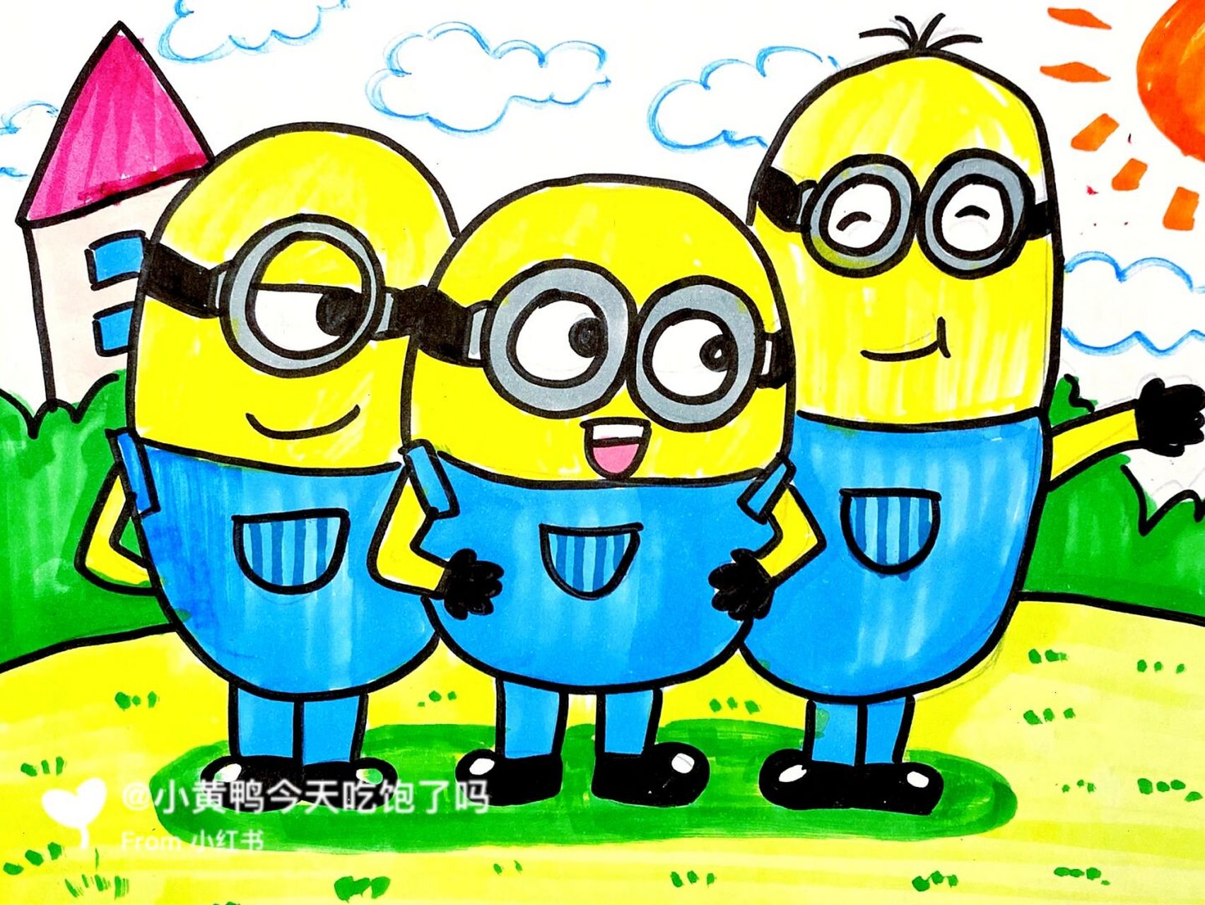 小黄人儿童画 #卡通画# #马克笔# #儿童画# #儿童画小黄人