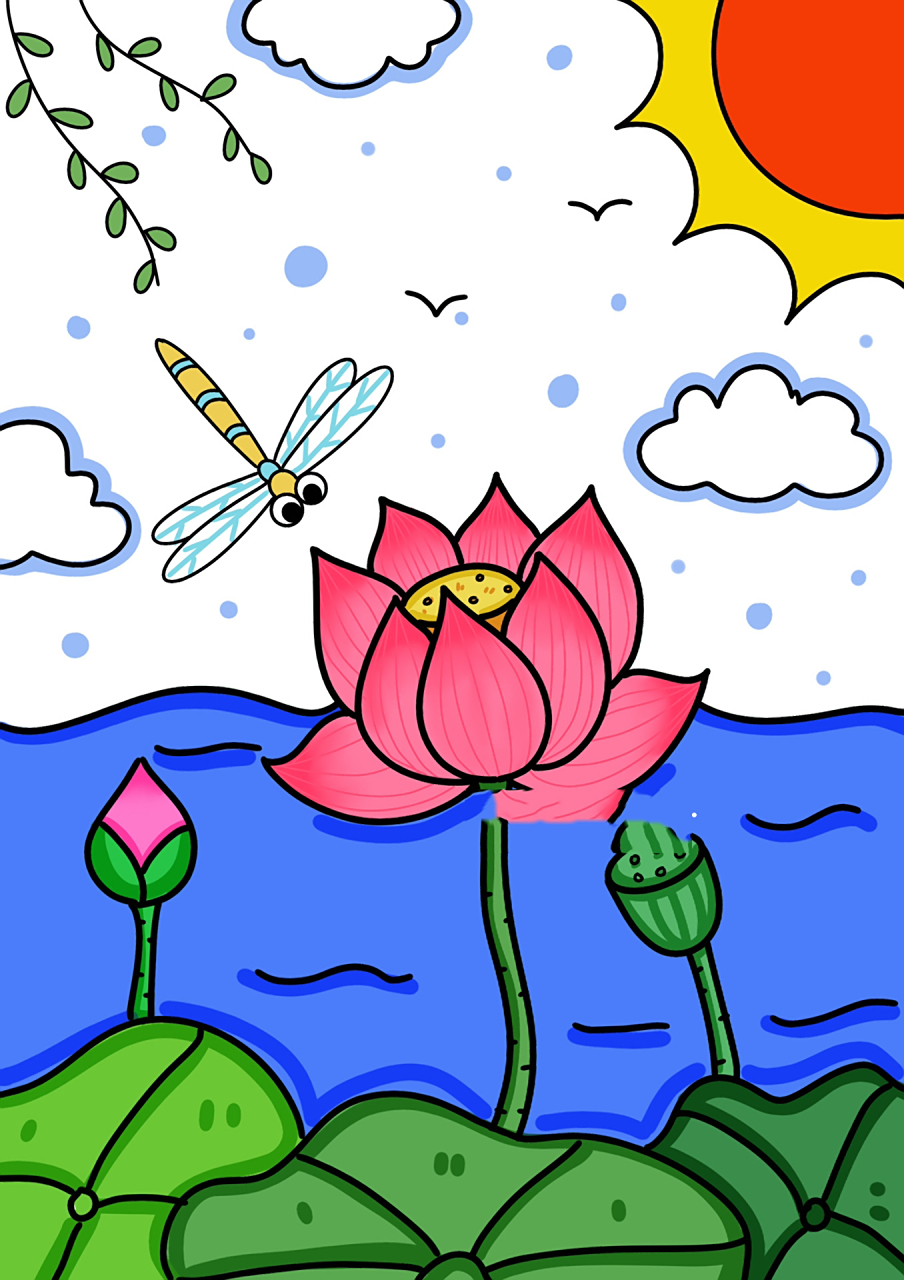荷花儿童创意画 春天儿童画 简笔画 带线稿 小荷才露尖尖角 早有蜻蜓