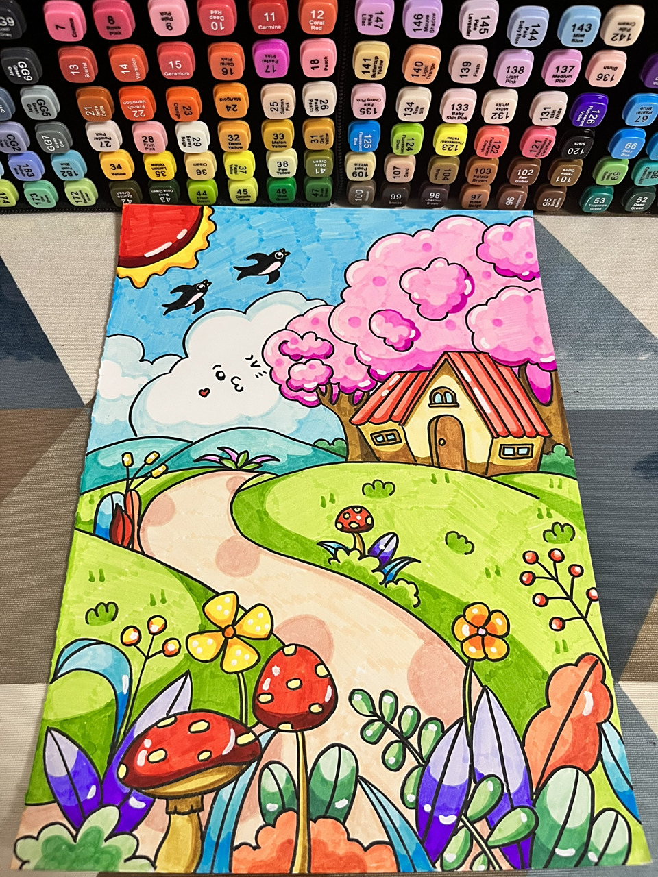 【日常手绘分享】春天主题|马克笔 今天小丫老师,画了一幅春天主题画