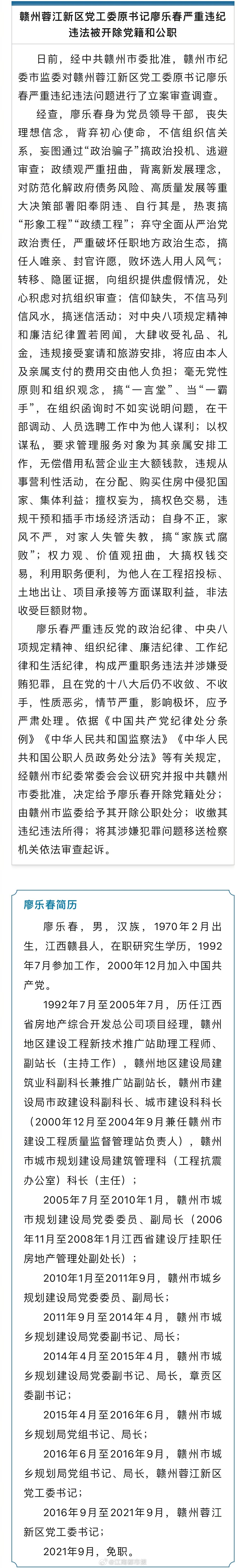 【赣州蓉江新区党工委原书记廖乐春严重违纪违法被开除党籍和公职】