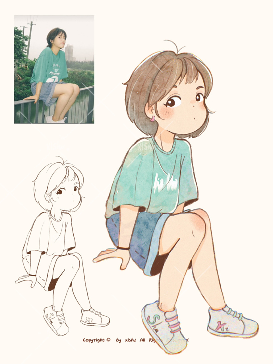 照片转插画|人体动态练习4/9 画个坐姿,稍微改动了一下姿势和发型