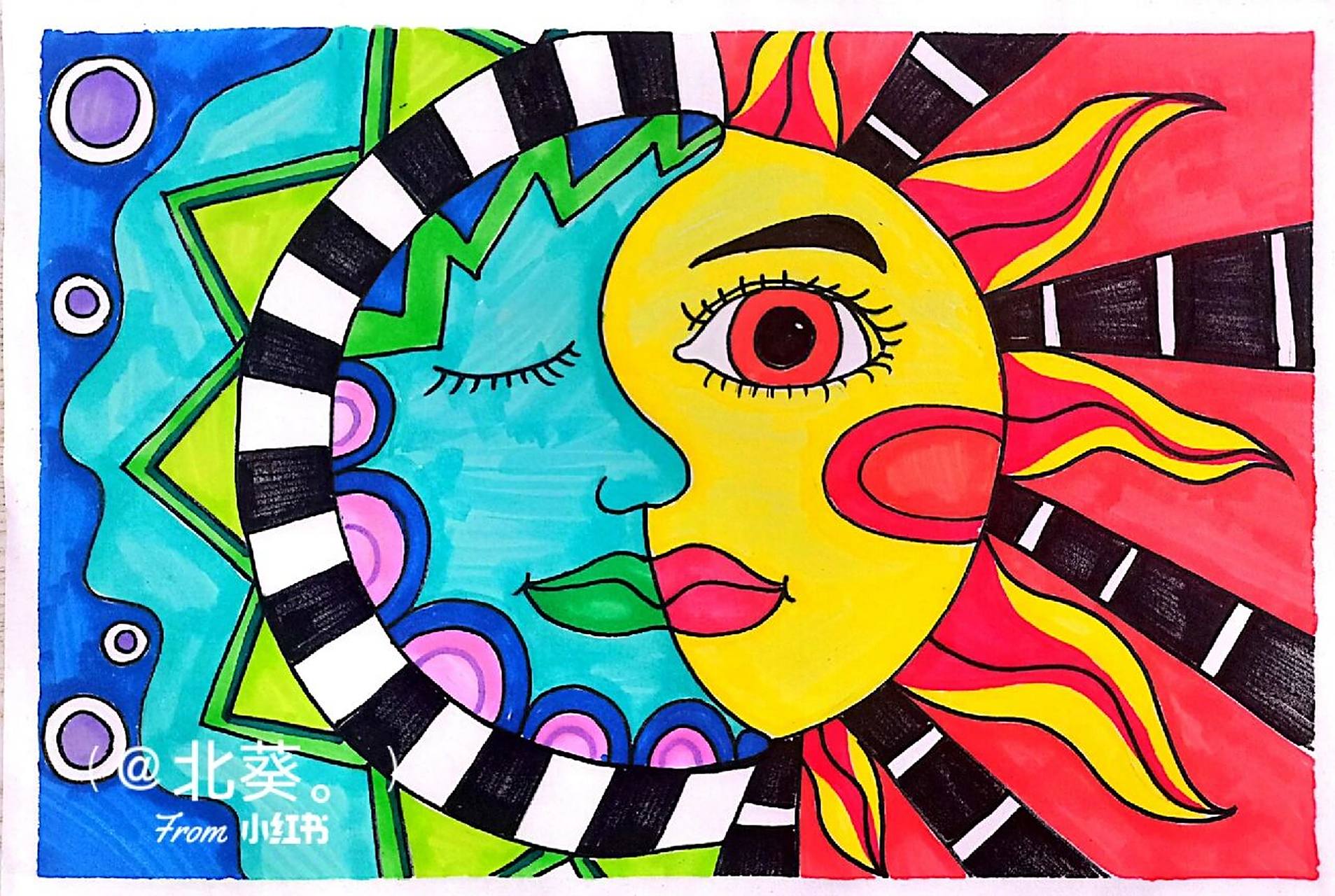 太阳与月亮神儿童画,冷暖色调对比 儿童画教程冷暖色画拥抱的太阳和