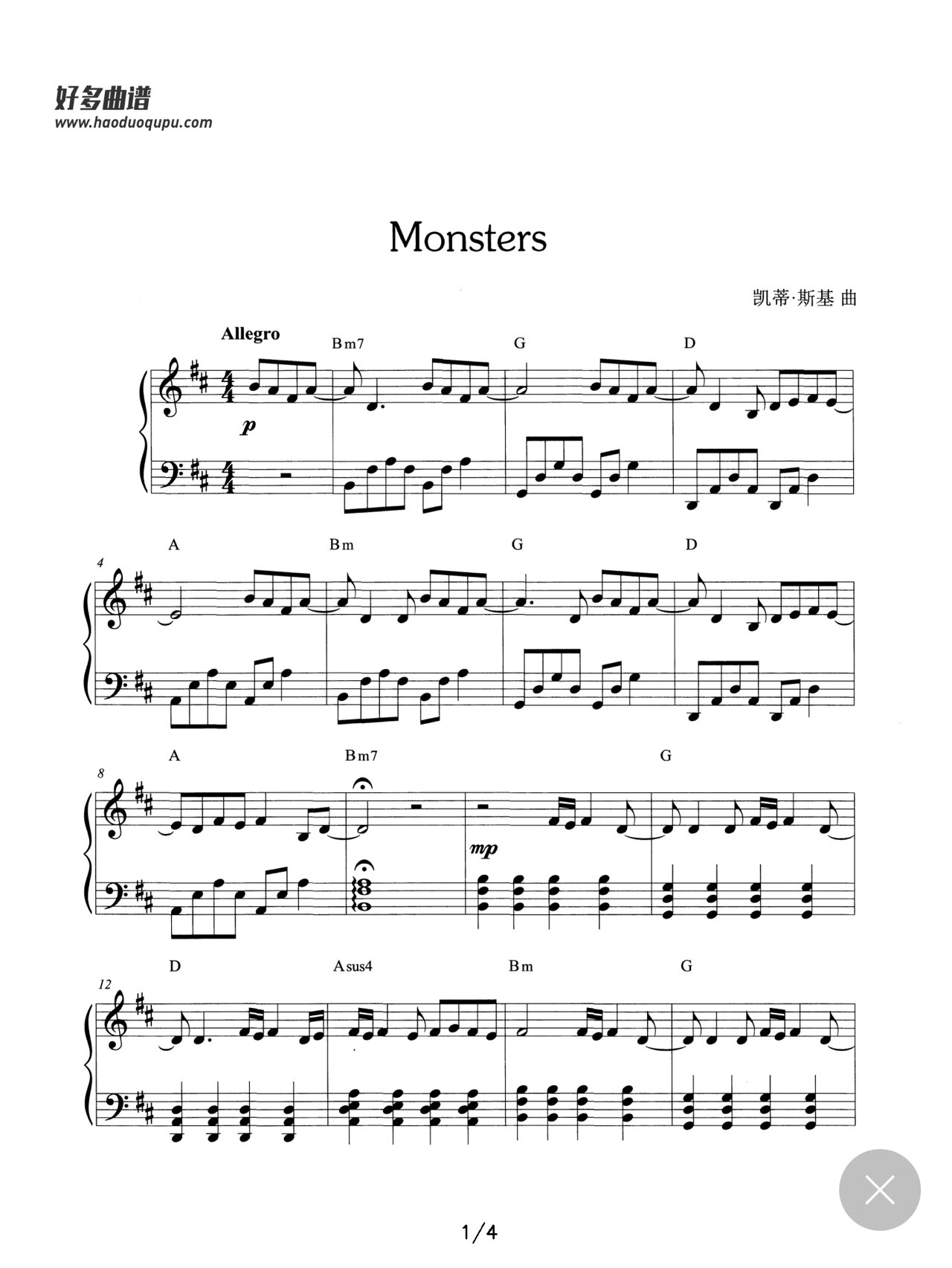 Monsters简谱图片