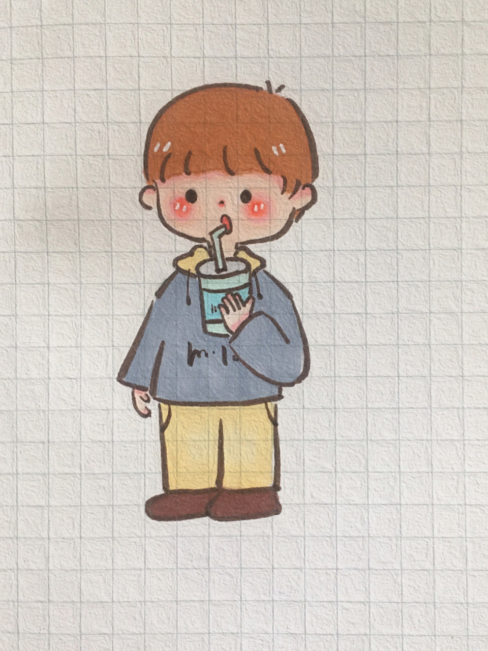 可爱简笔画 暖萌小男孩//附线稿 手帐简笔画 喝奶茶吗 马克笔萌系人物