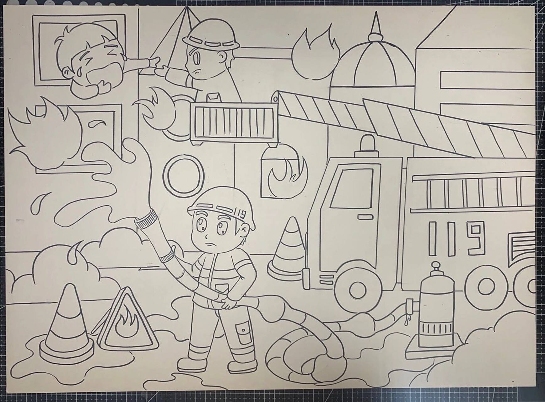 消防绘画119小小消防员主题画     画笔使用1快勾线笔 马克笔使用斯