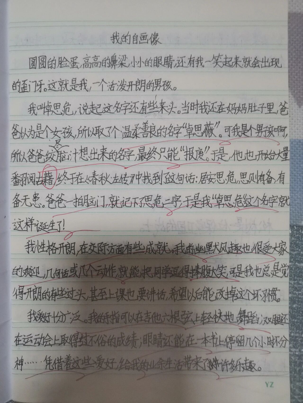 五年级语文 作文周记 我的自画像