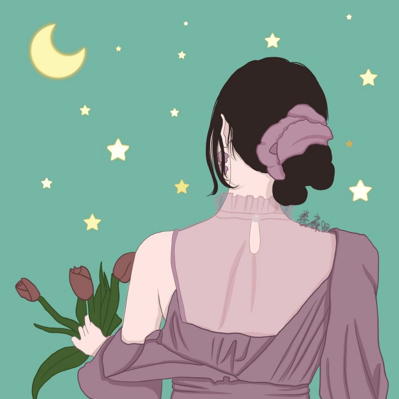 插画头像 |93温柔风背影头像 抚摸郁金香 做一个可爱的人,不烦世事