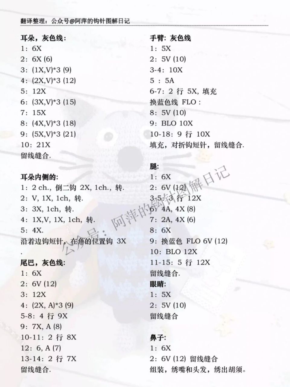 钩针图解| 咪好一家动画人物【阿宝】 常用针法及说明 ch锁针,x短针,v