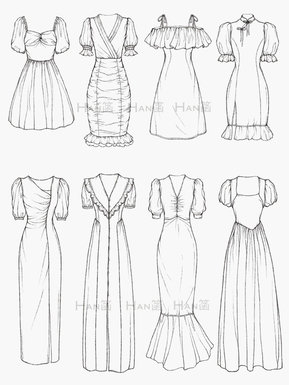 95 画了一批今年比较流行的连衣裙款式线稿图 稿图素材原型是来自