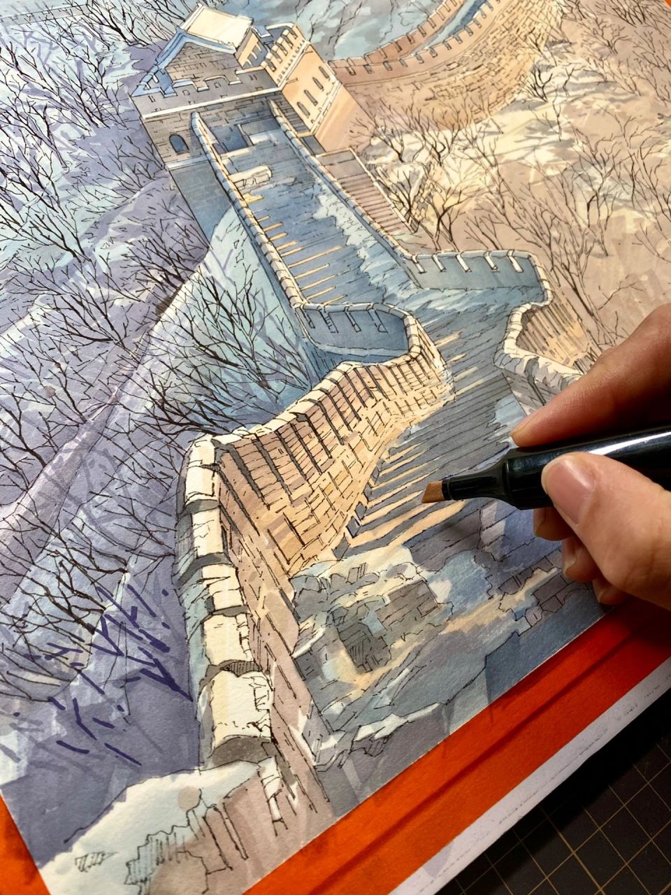 马克笔手绘|冬日雪后日出的长城有多惊艳71 阳了个阳～终于可以画画