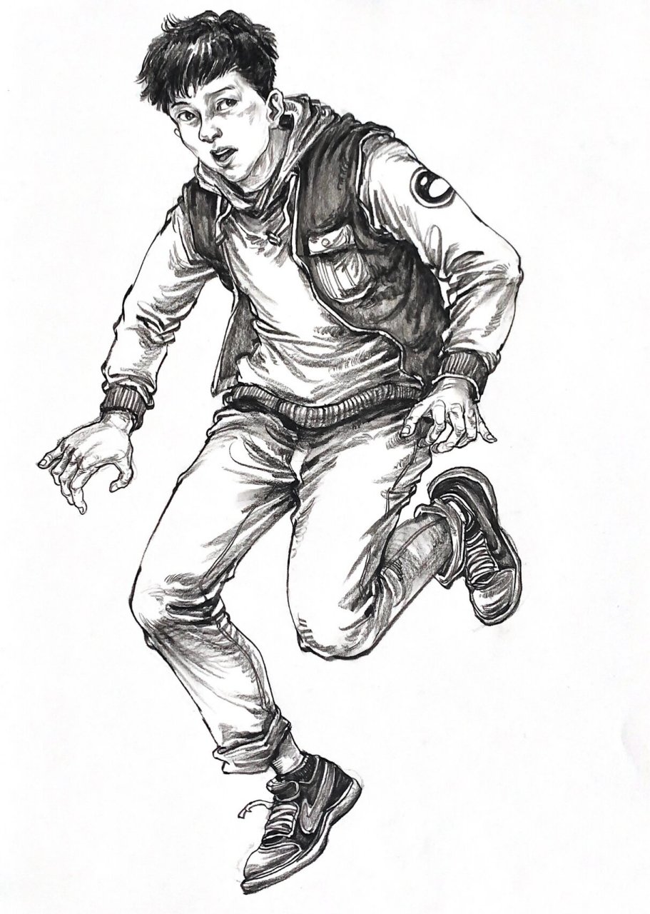 侧面奔跑的人物素描图片