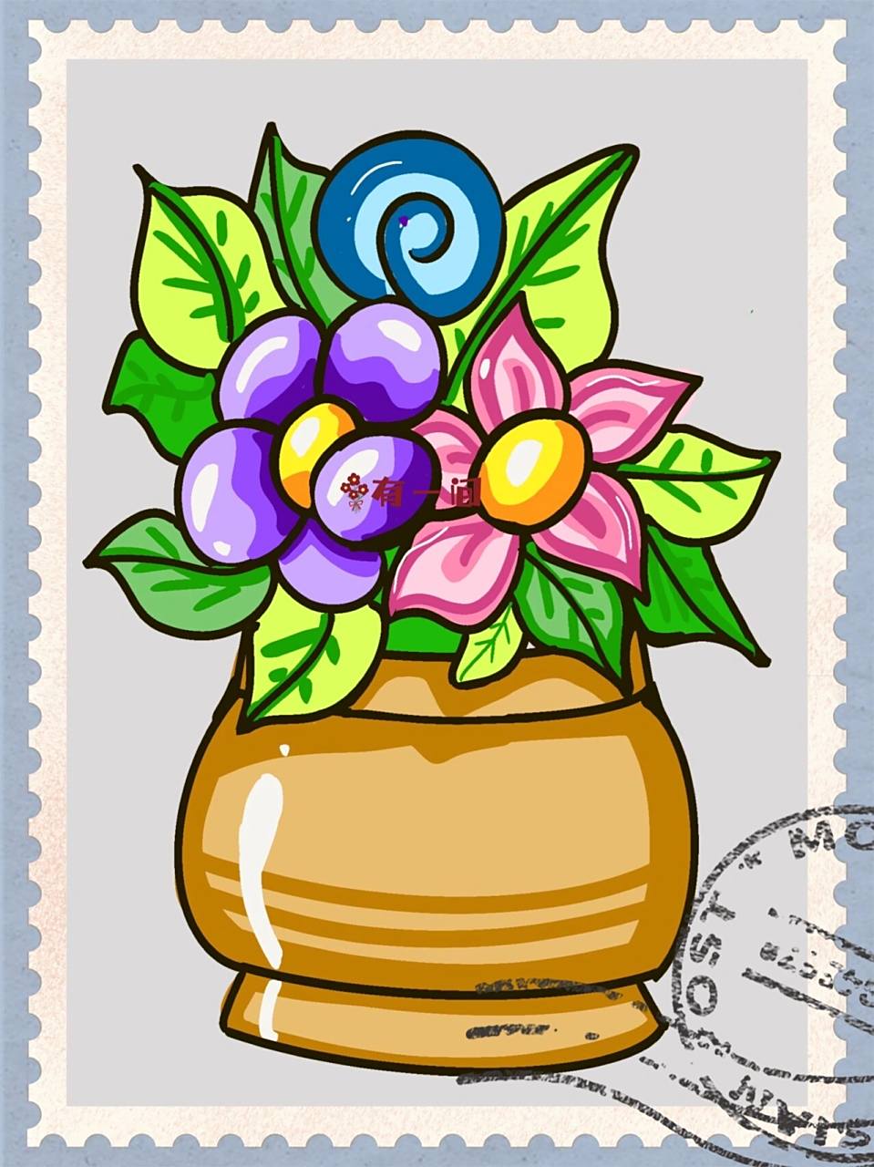 花朵和花瓶大面积上色,叶子可以分为深浅两个颜色,增加画面层次感.