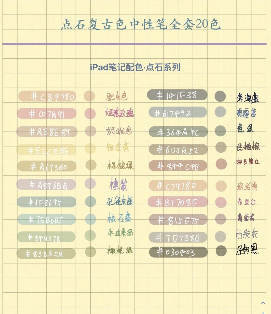 荧光笔板的点石复古笔记配色 	 颜色色号标注在图中了,大家自取 .