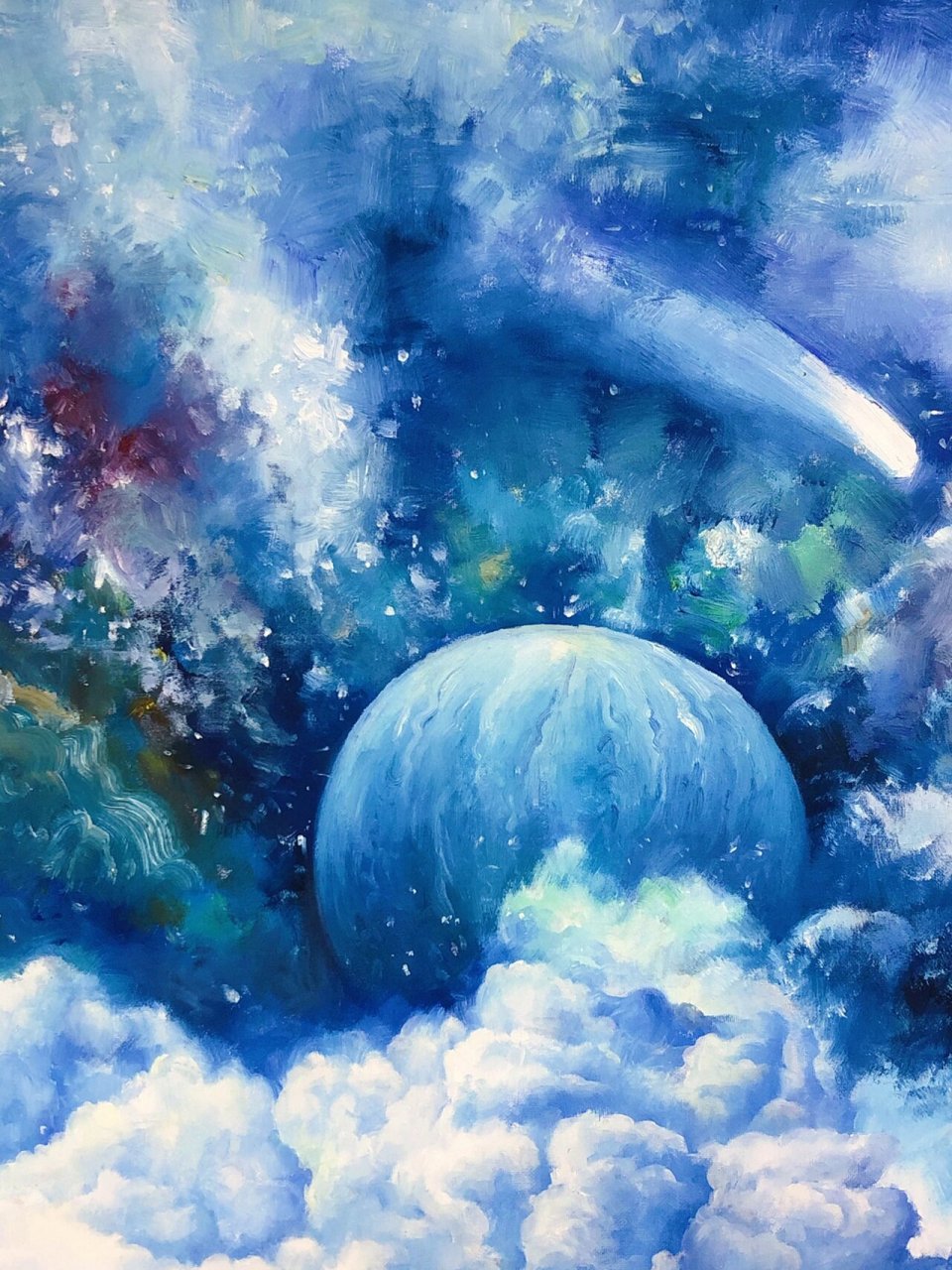 等待破茧重生化鹏 	 丙烯画/油画风景/插画/鲸鱼/星球/云朵/星空