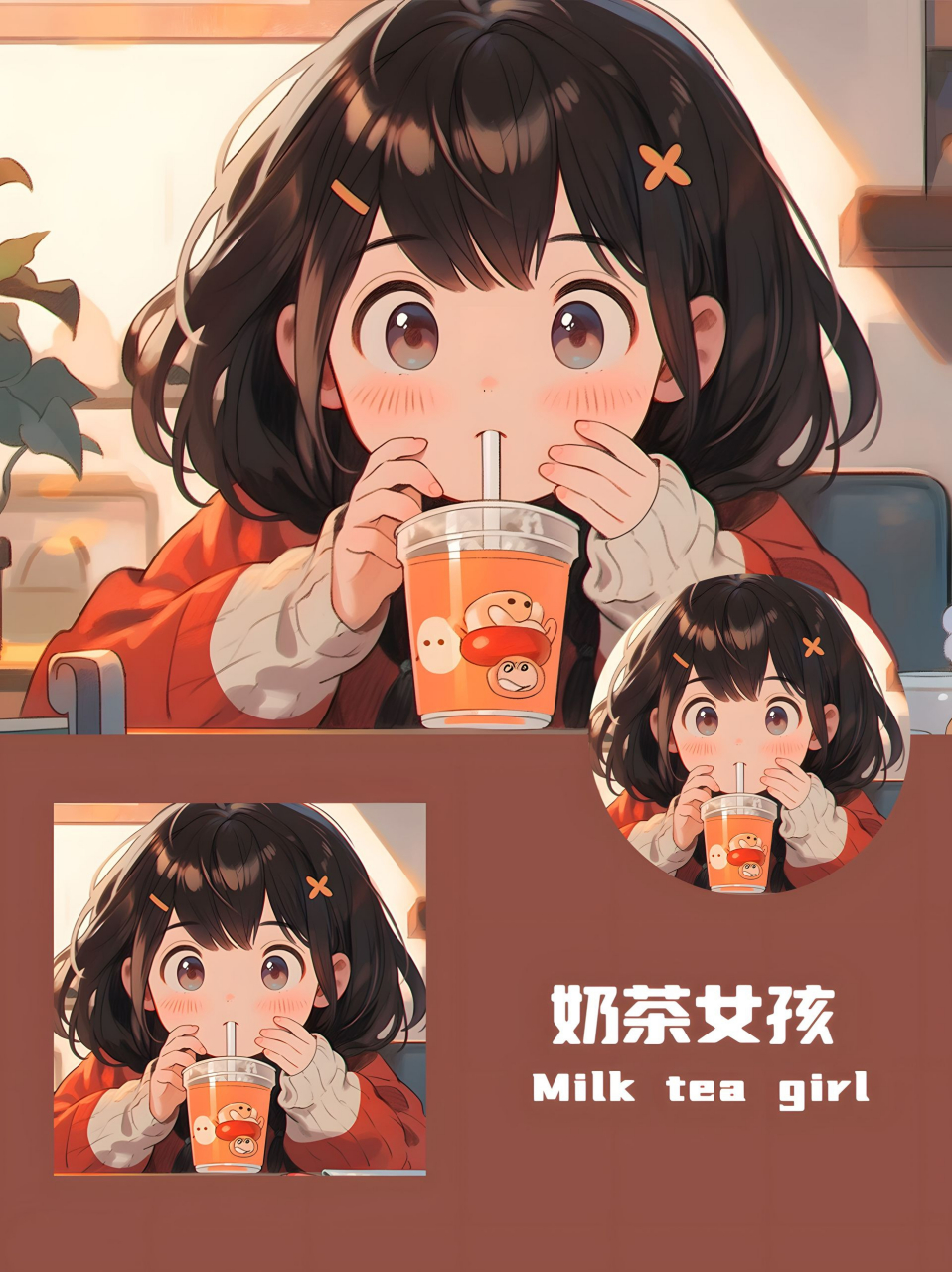 奶茶女孩丨卡通头像丨单人 一个坐在奶茶店喝着奶茶的小女孩