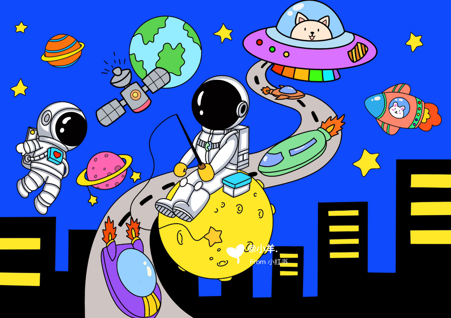 太空主题画 创意画 带线稿～ #简笔画教程# #创意美术儿童画# #科幻画