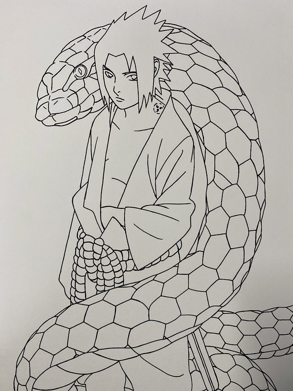 火影忍者佐助绘画过程图 纸张:荷兰白卡300g 绘画工具:樱花勾线笔,法