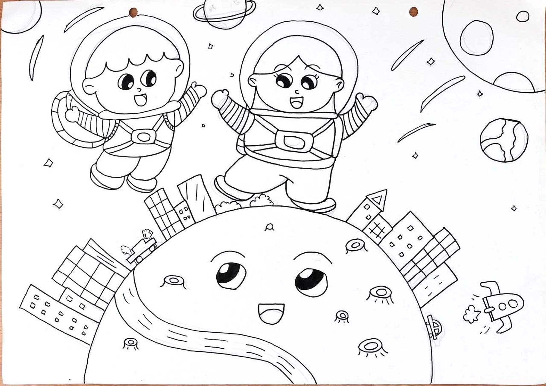 线描儿童画简笔画《未来城市》主题   这是近期的一个作业73后面