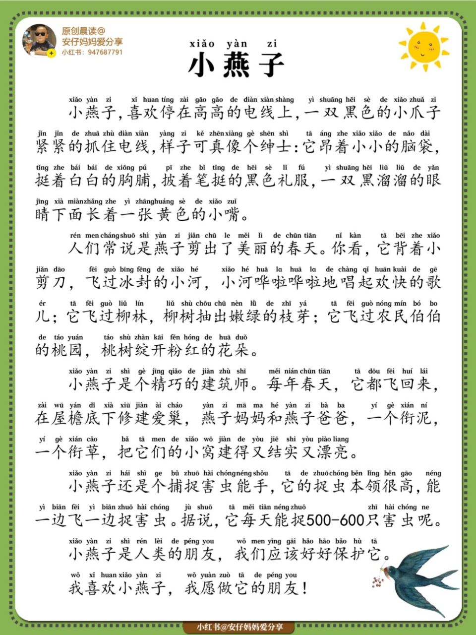 描写燕子/小学生晨读/带拼音/好句摘抄 小学生美文晨读作文(带拼音)已