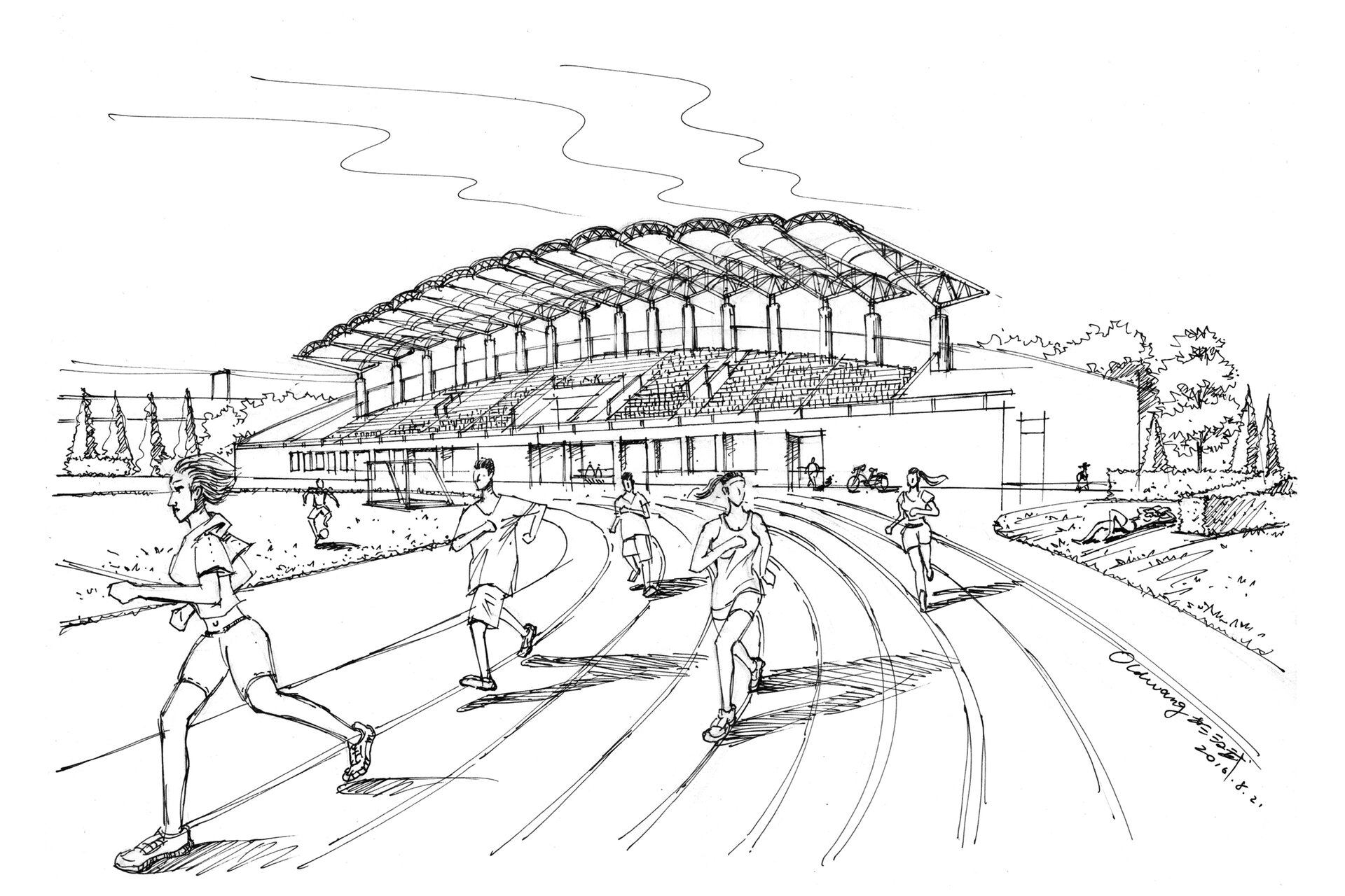 (马克笔上色步骤55期)学校体育场设计手绘