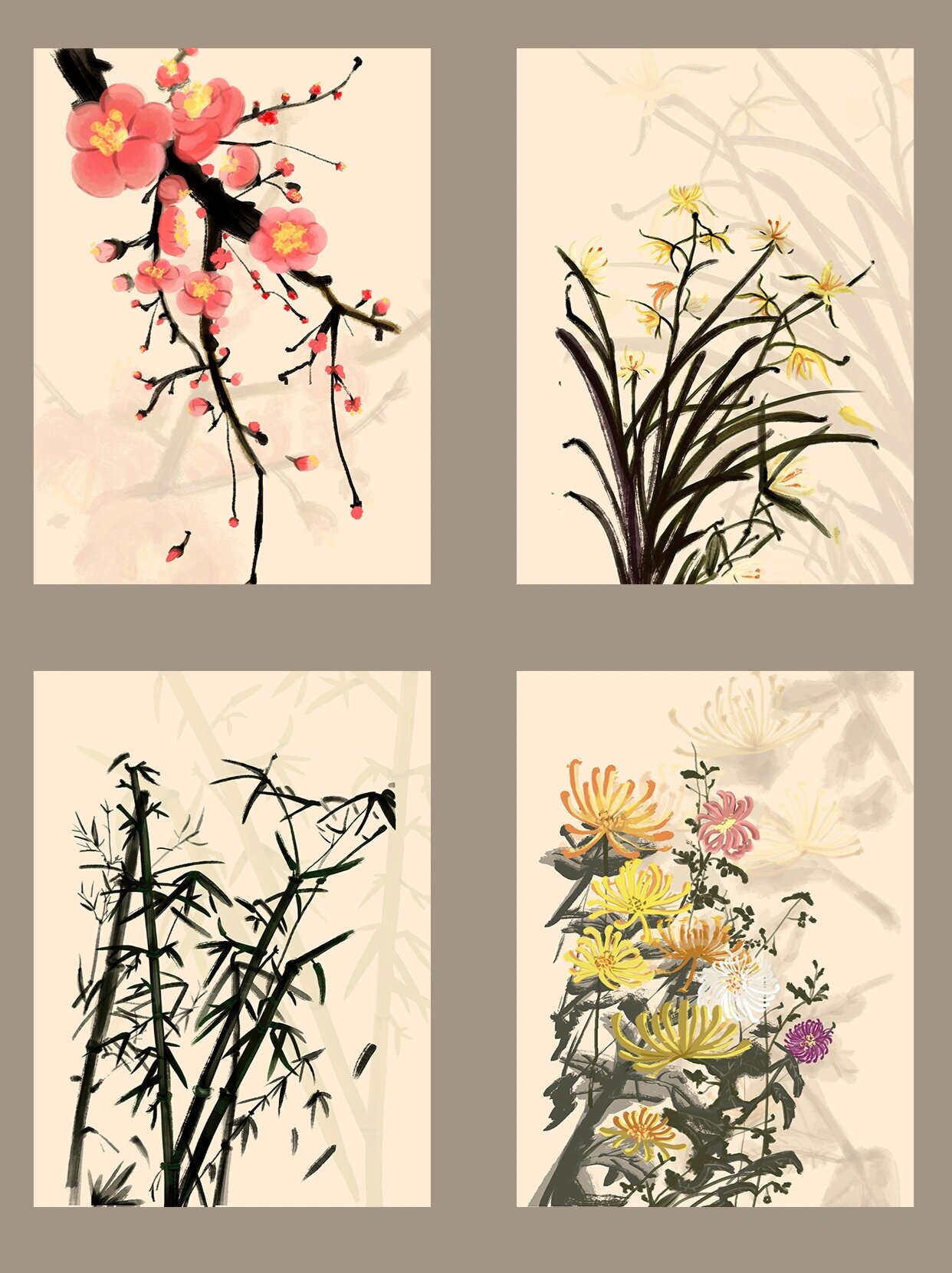 "花中四君子"指的是梅兰竹菊,即梅花,兰花,竹,菊花;品质分别是:傲,幽