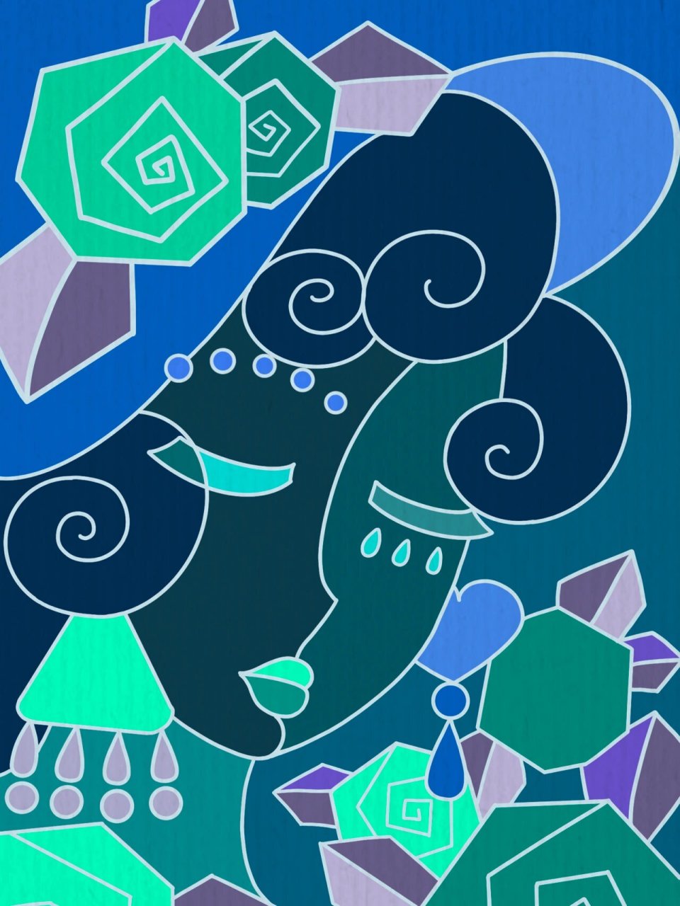 毕加索儿童画简笔画玫瑰女孩牧羊女手绘儿创 原创重新上色,冷色调,小