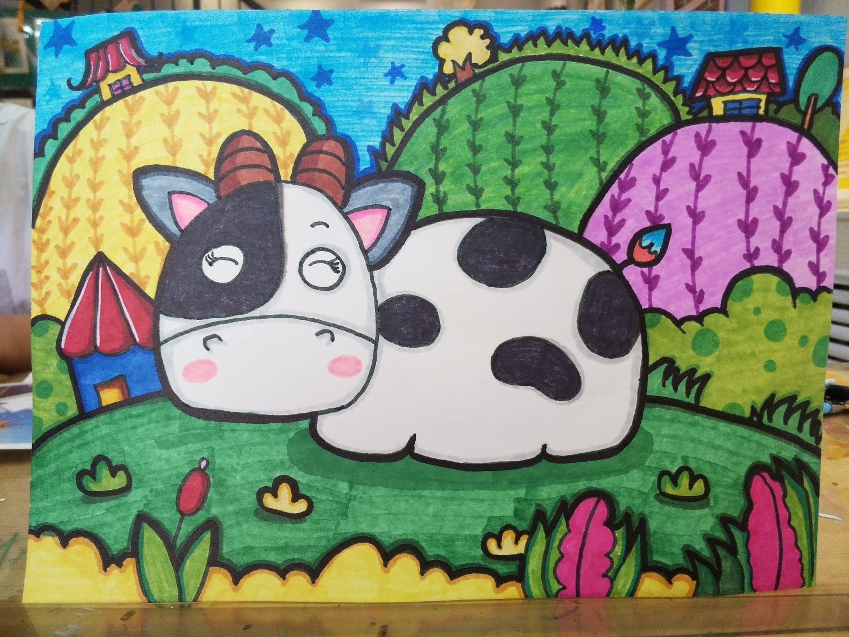 小奶牛农场小牛动物简笔画儿童画马克笔临摹