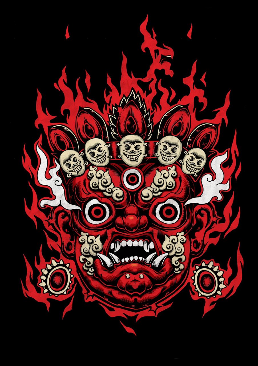 傩面 藏族文化 戏曲面具 黑红配色 傩文化 藏戏面具,手绘插画 ,黑红