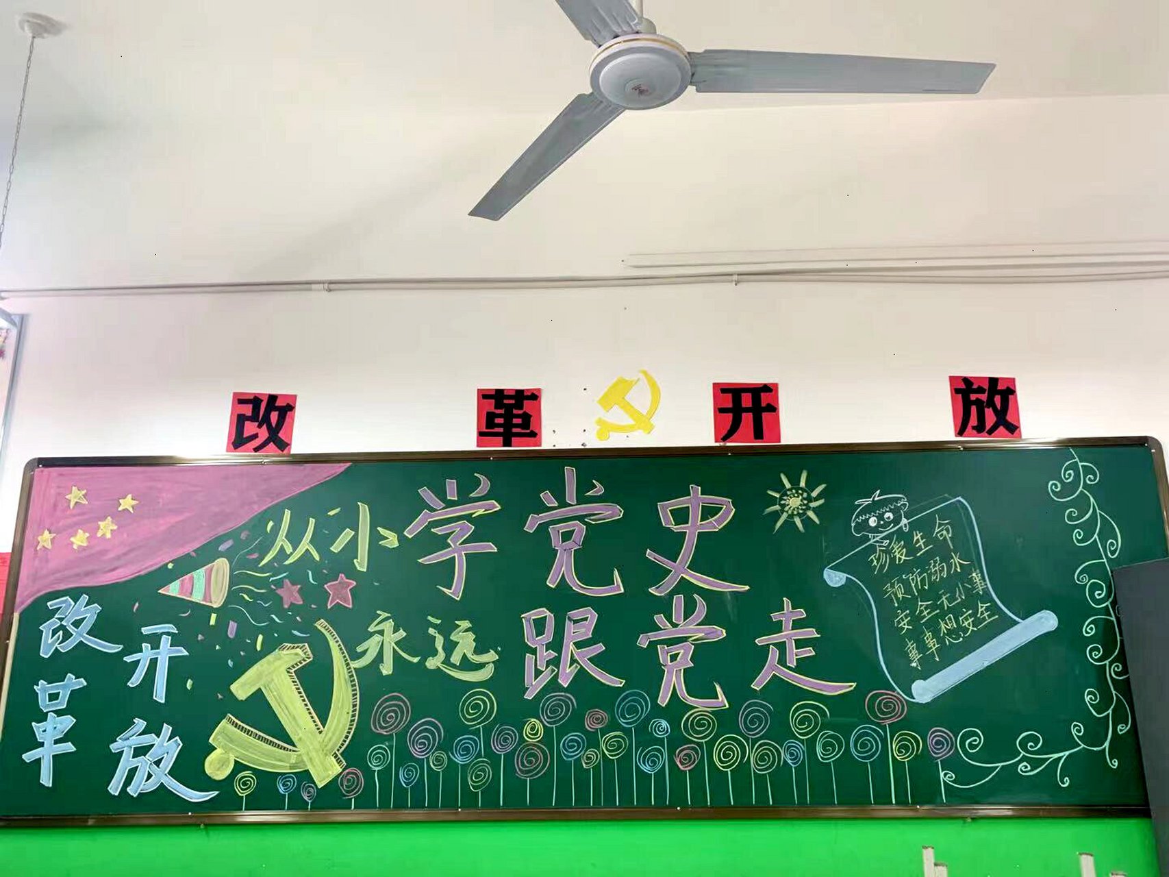 小学党史教育黑板报 几根粉笔,有我画的,有其他老师画的,小学老师也得