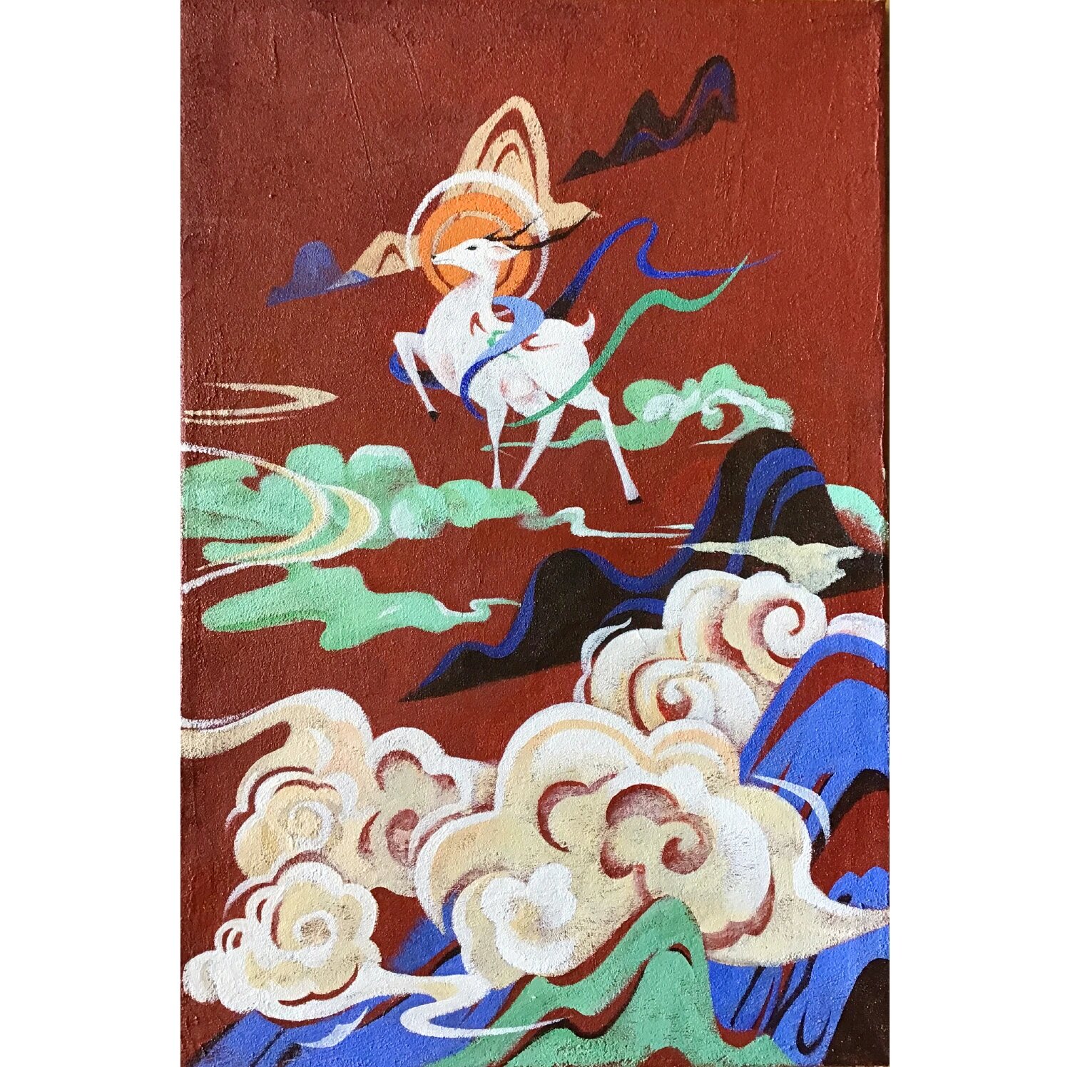 丙烯临摹敦煌壁画九色鹿 这幅作品节选自敦煌壁画《鹿王本生》,最后一