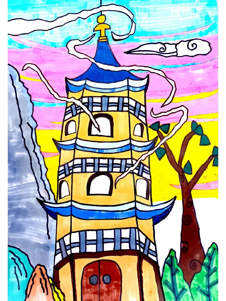 第18幅 马克笔儿童画《古塔》7-9 《古塔》 97简单了解古塔,通过