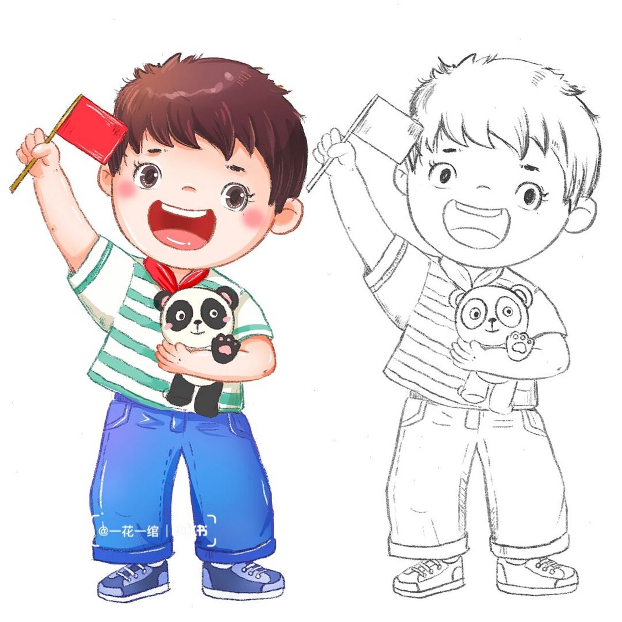 原创|ipad熟悉打卡小学生手拿红旗卡通画 [爱你]不要问我打卡的第四张