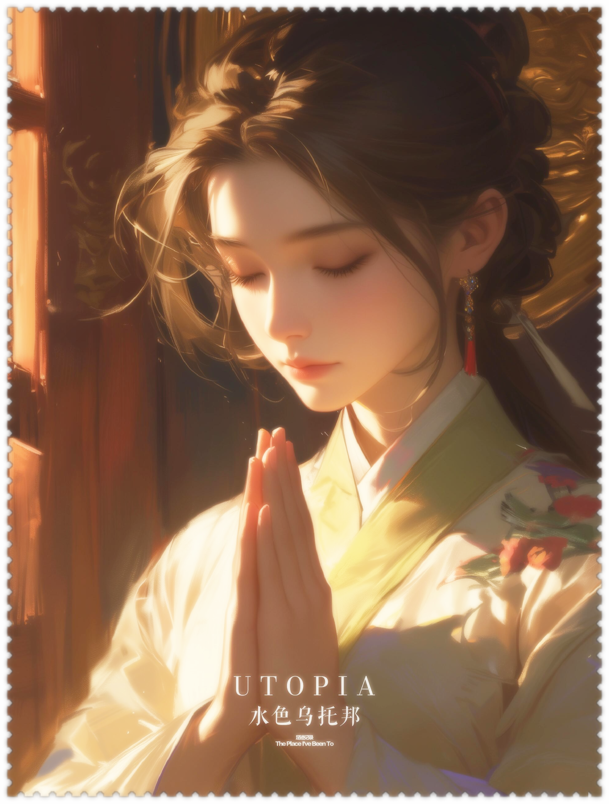 在晨曦微光中, 一位祈福的少女静静地伫立着♀