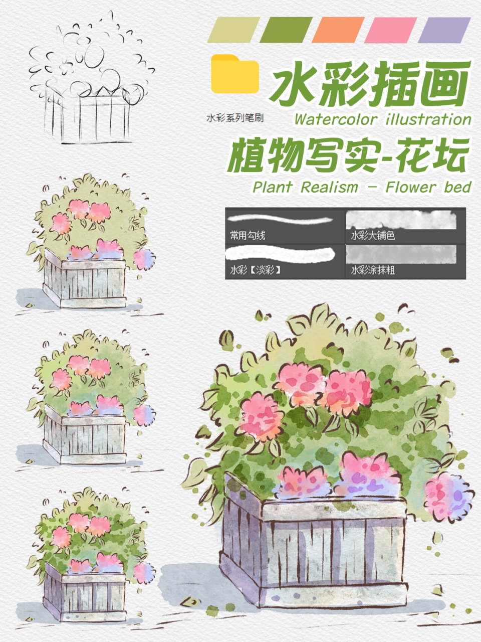 水彩插画带练|手把手教你画水彩花坛 第步:起稿: 今天画一个超级简单