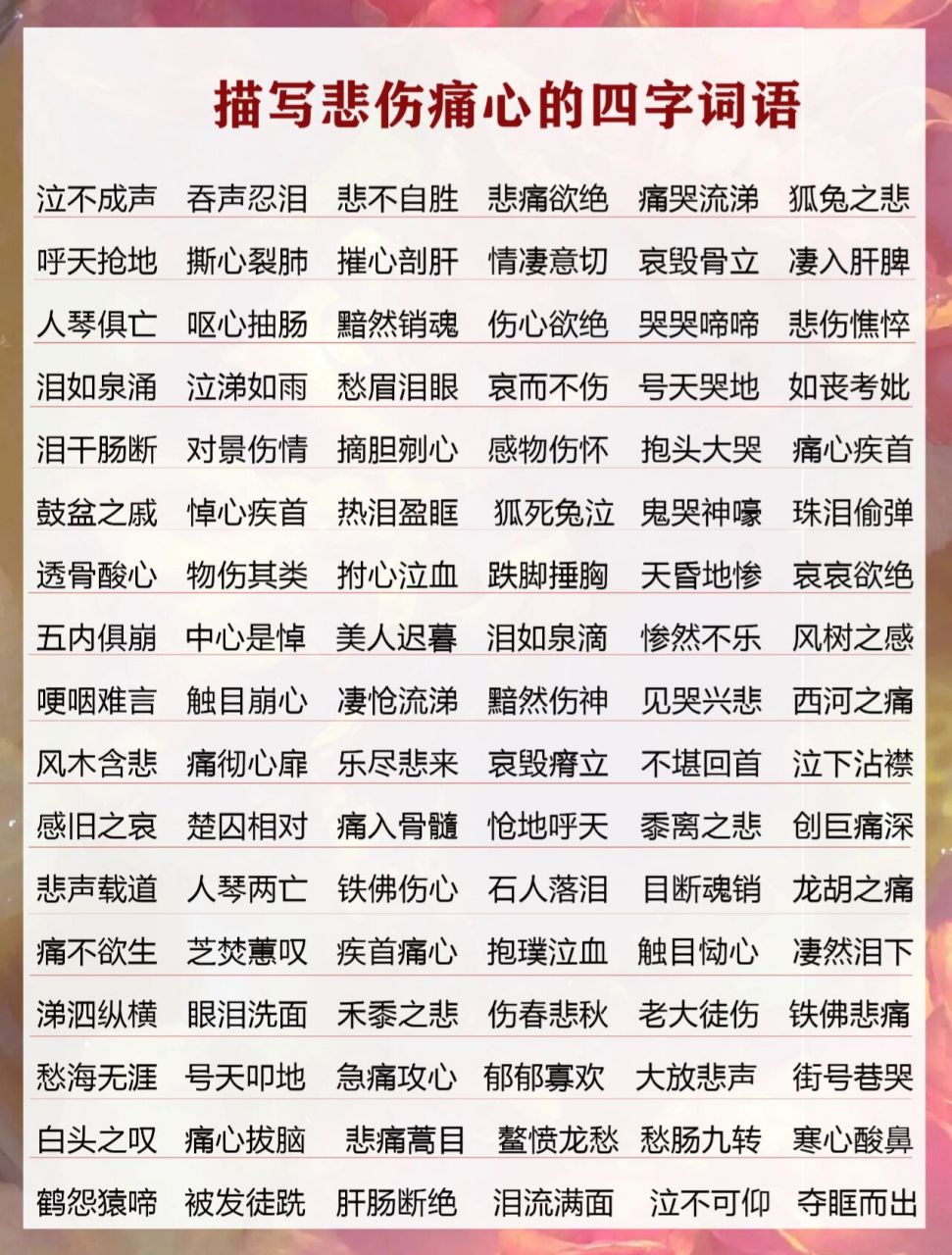 98好词积累:描写悲伤痛心的四字词语 收集整理了一篇写悲伤痛心的四