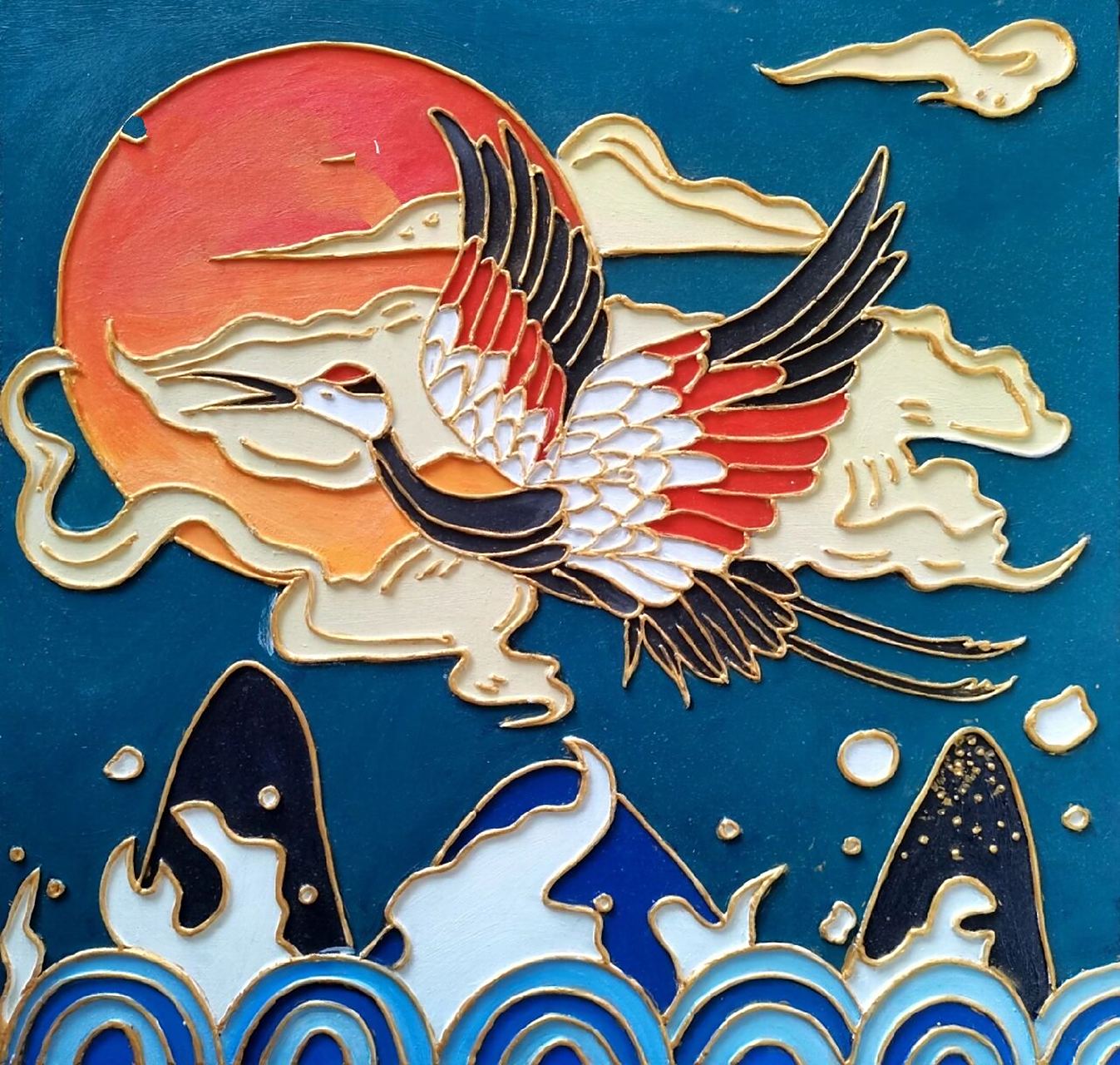 学前第一张沥粉画—仙鹤系列 沥粉画线条不好挤,这