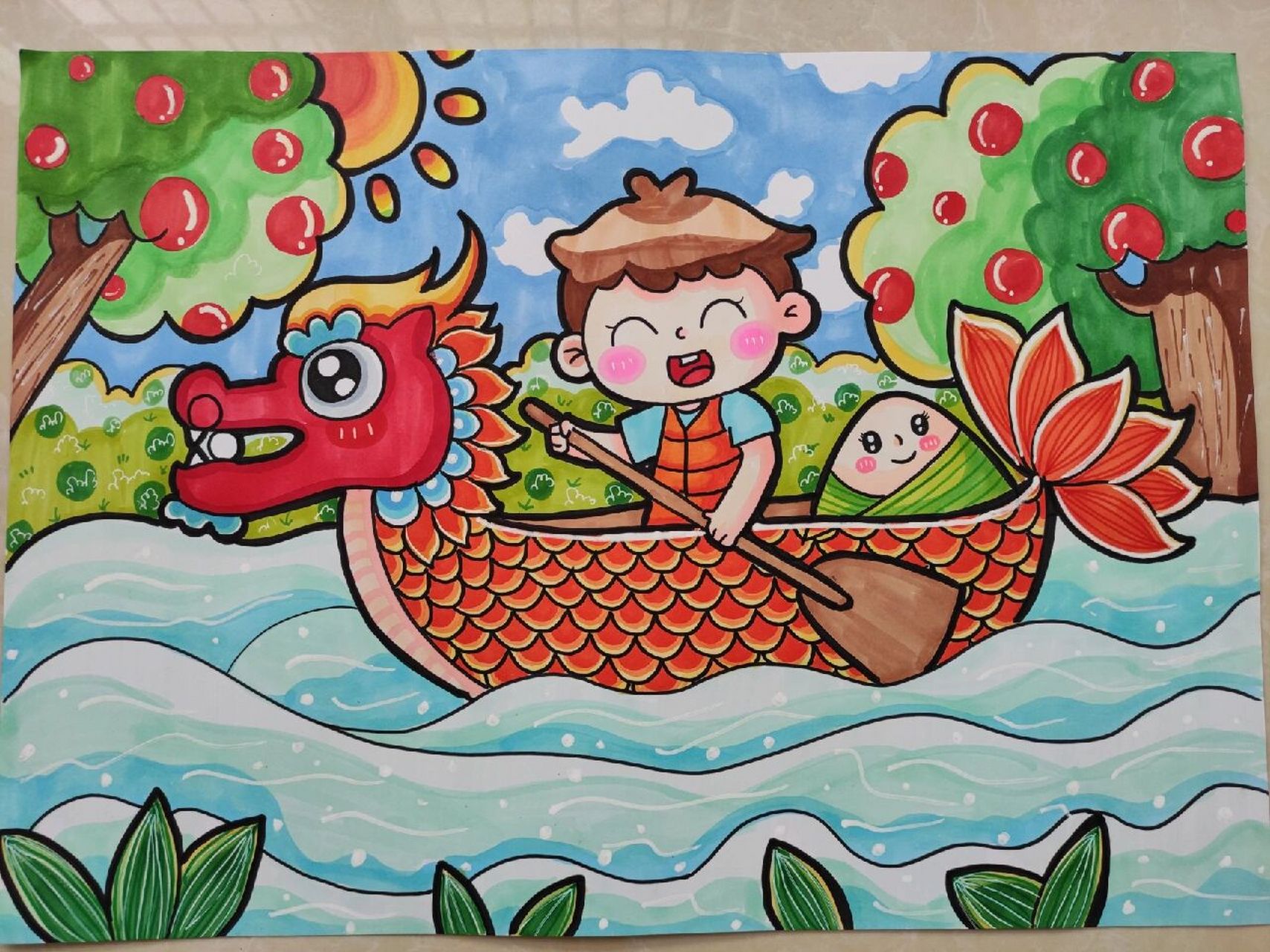 端午节赛龙舟(附线稿) 临摹           纸:a3白卡纸 马克笔:多乐绘