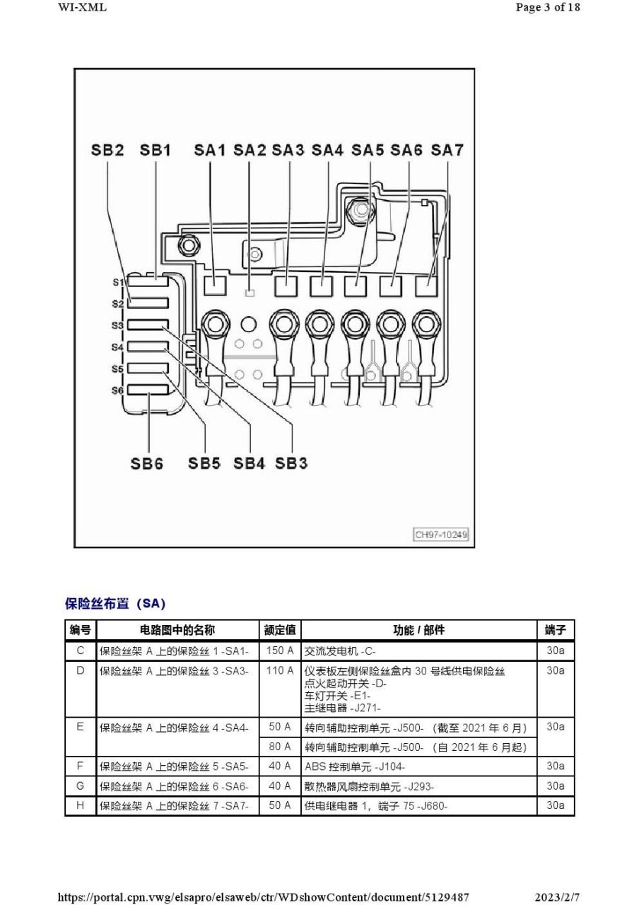 2016-2021年款大众桑塔纳保险丝继电器位置图及其功能详细说明
