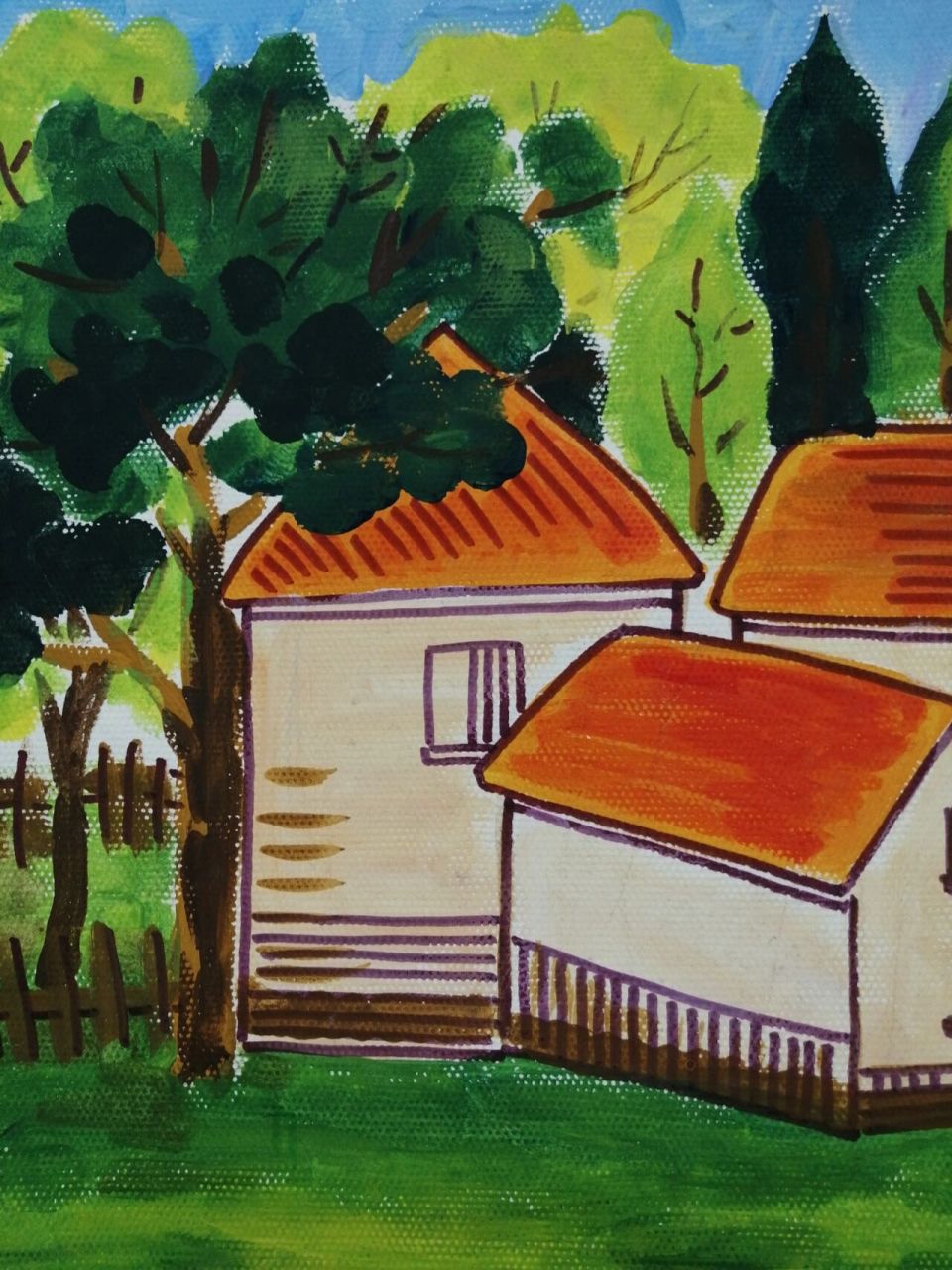 儿童水粉画—美丽乡村 先画水粉,再用水彩笔勾线,小房子和周围环境的