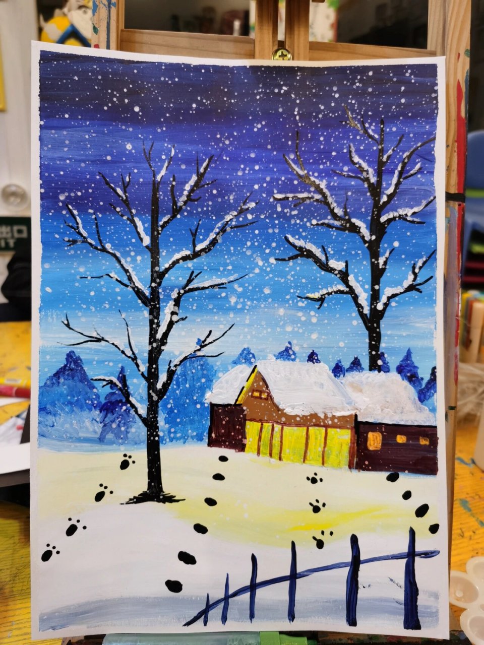 水粉冬天雪景 创意美术儿童画