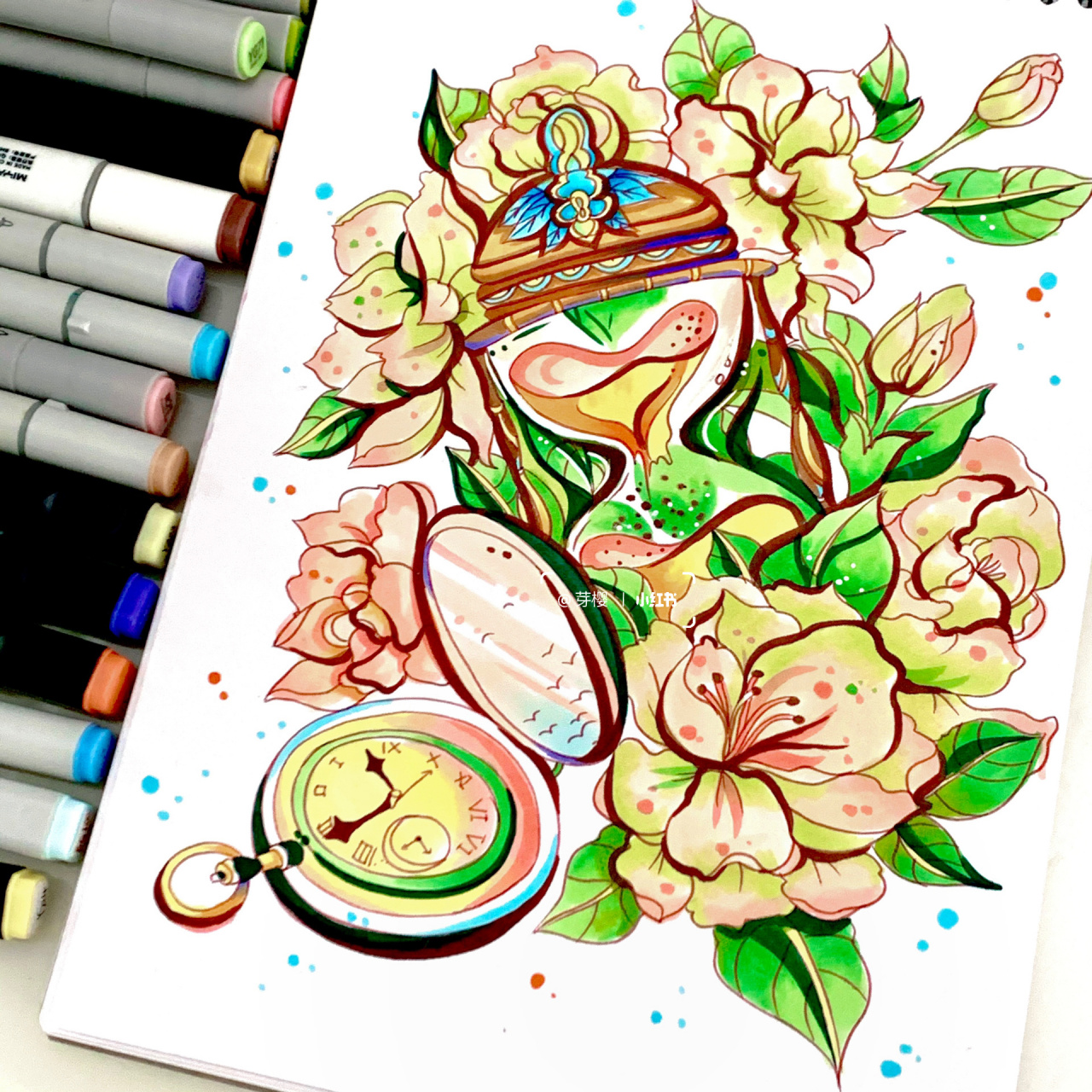 马克笔练习|国风素材第九天 临摹传家日历插画 工具:法卡勒,米娅缪斯