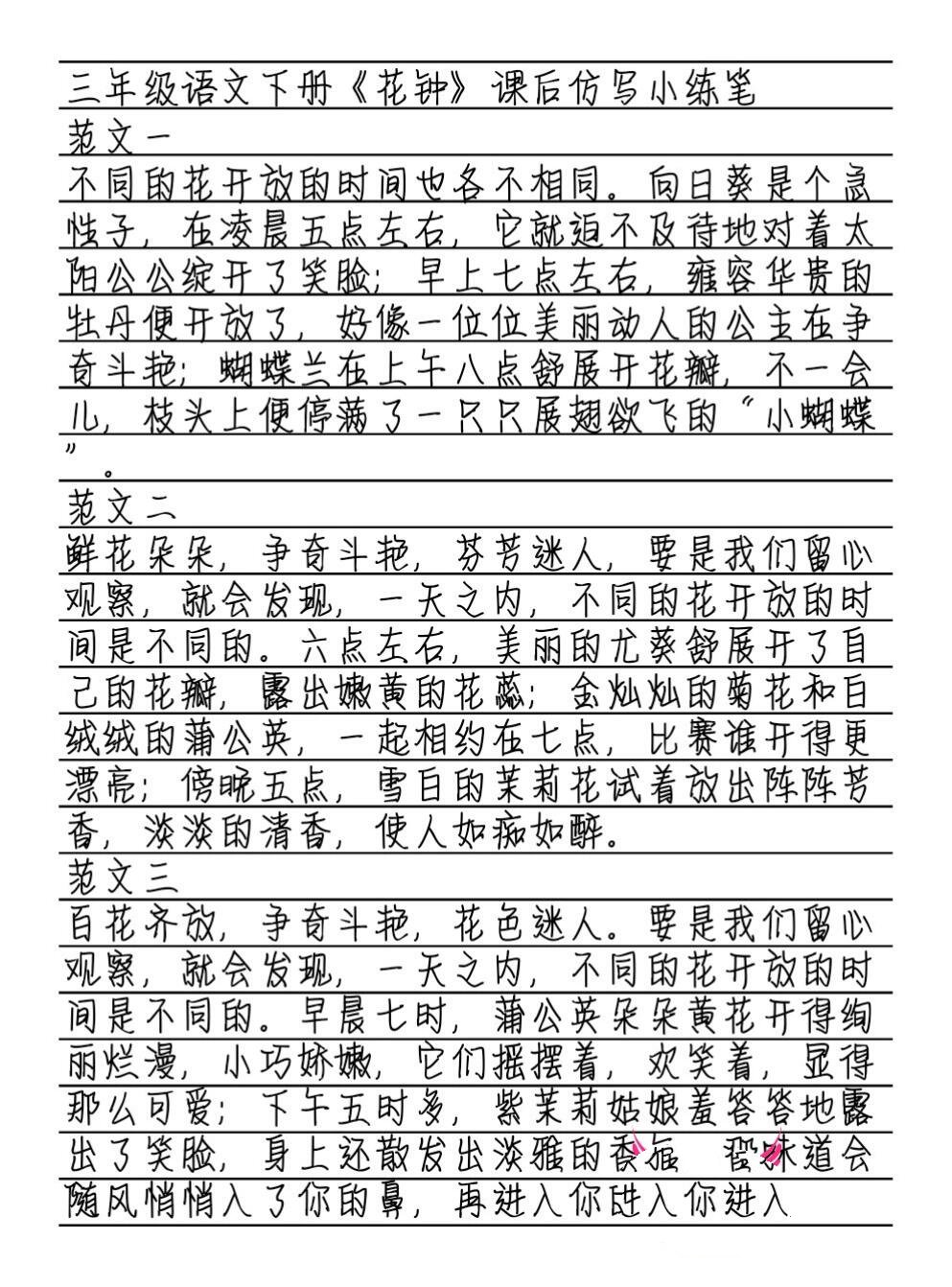 三年级语文下册《花钟》课后仿写小练笔 范文一 不同的花开放的时间也