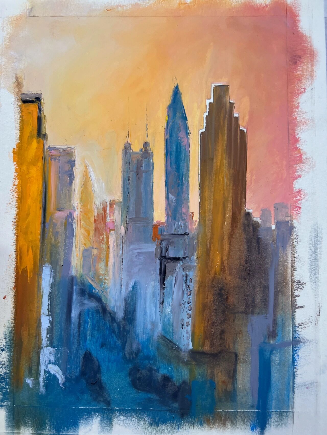 油画棒城市风景原创《高楼大厦》(附步骤) 夕阳是个浪漫主义者