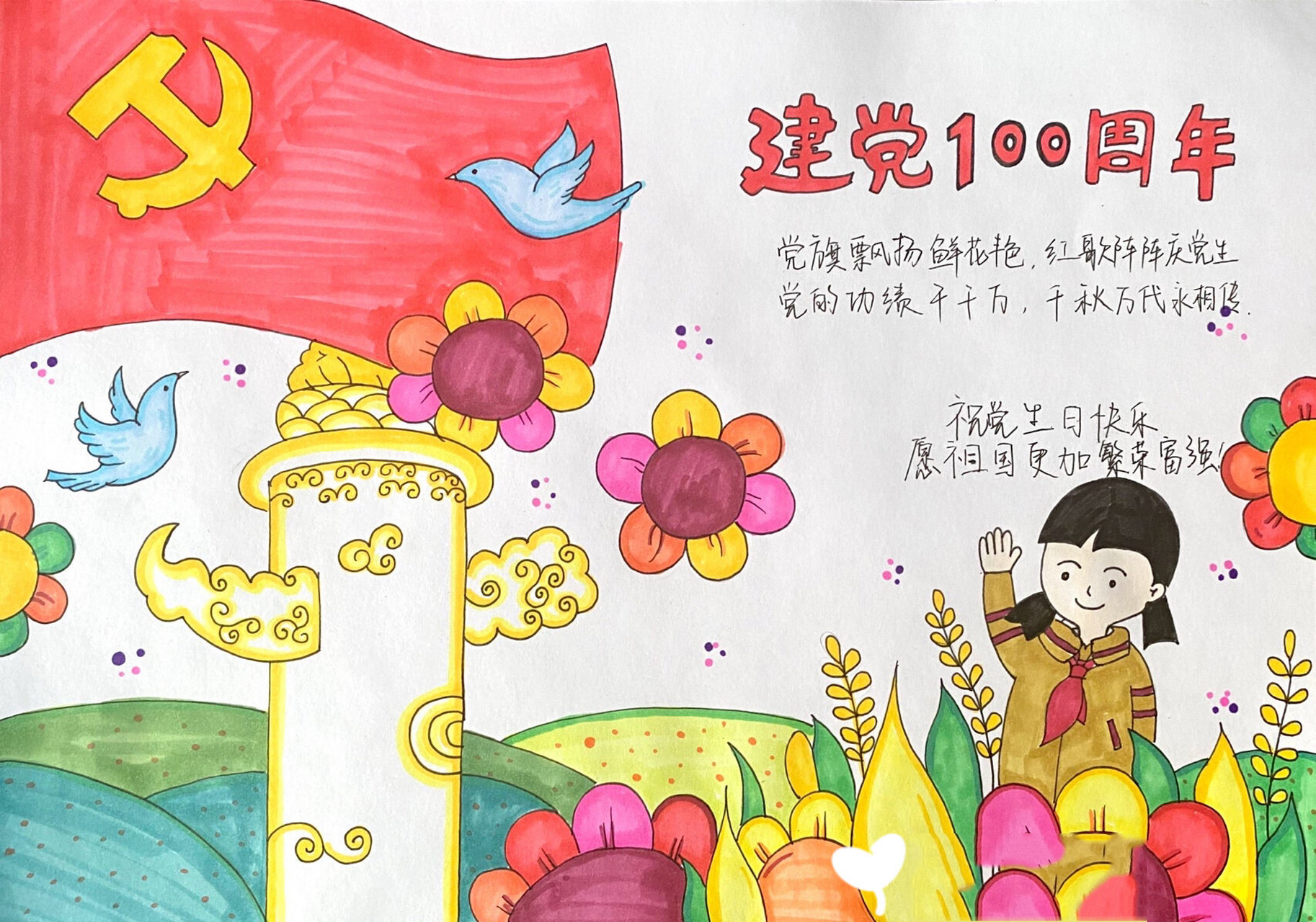 建党100周年主题画 热爱祖国儿童创意画 奋斗百年路,启航新征程 今年