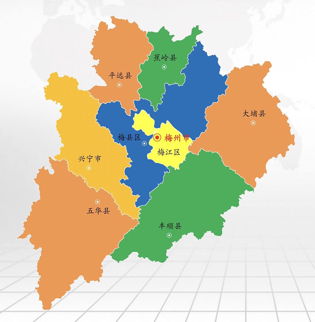 广东17/21·梅州市m-更新完 2区:梅江区,梅县区 1市:兴宁市 5县:丰顺